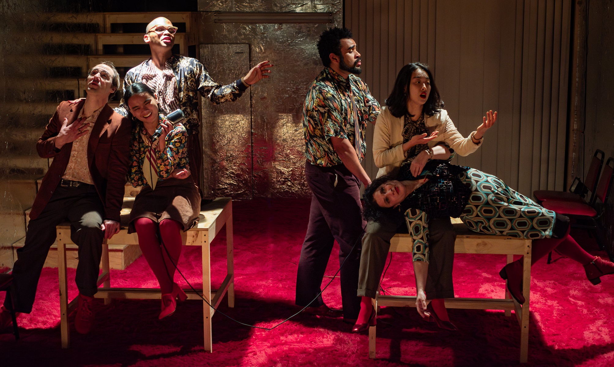Clifton Frei, Mikayla De Guzman, Felix Mayes, Bide Akande, Seoyoung Park, and Amy Gorelow in 'Attempts on Her Life' at TUTA Theatre
