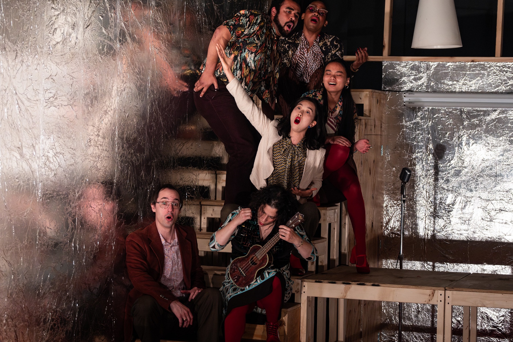 Bide Akande, Felix Mayes, Mikayla De Guzman, Seoyoung Park, Amy Gorelow, and Clifton Frei in 'Attempts on Her Life' at TUTA Theatre