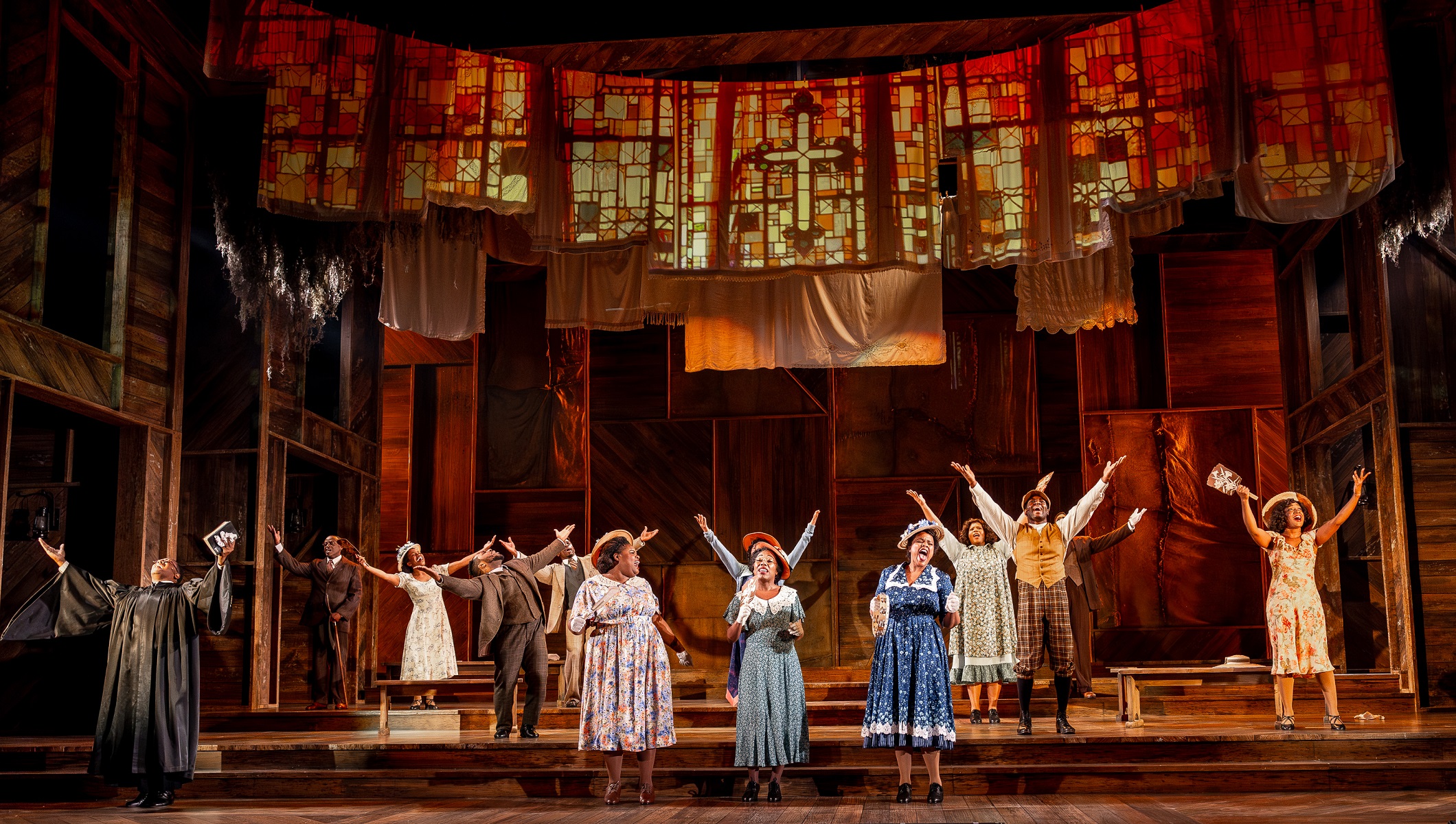 (L-R) Juwon Tyrel Perry, Sean Blake, Ariya Hawkins, Eric A. Lewis, Curtis Bannister, Lachrisa Grandberry, Aalon Daeja Smith, Reneisha Jenkins, Sharriese Hamilton, Nicole Michelle Haskins, Gilbert Domally, Jos N. Banks and Daryn Whitney Harrell in 'The Color Purple' at Goodman Theatre - Photo Credit: Brett Beiner