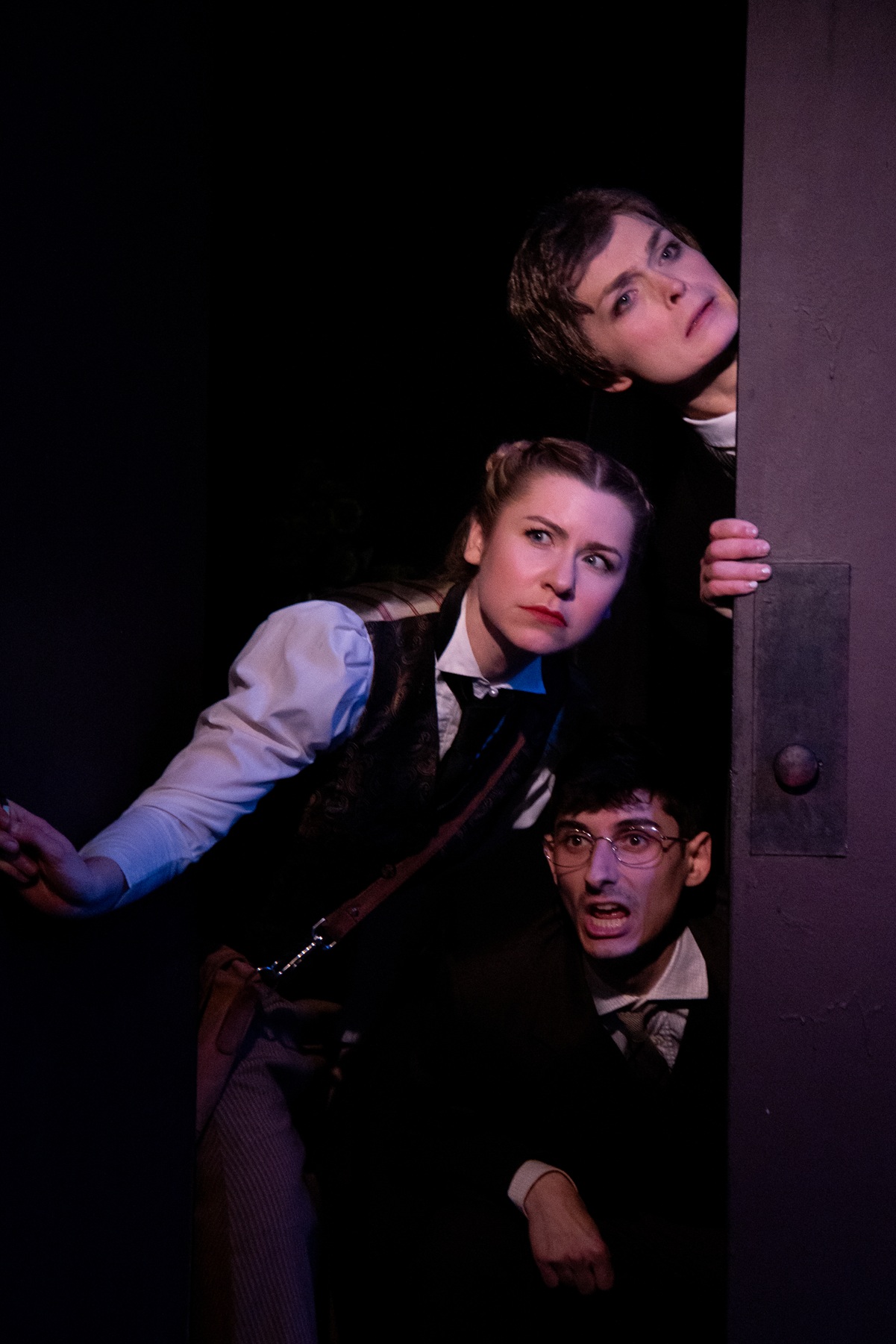 Top-Bottom: Cris King, Laura Michele Erle, and Jacob Gage in 'Dracula: A Comedy Of Terrors' at Lazy Susan Theatre Co. 