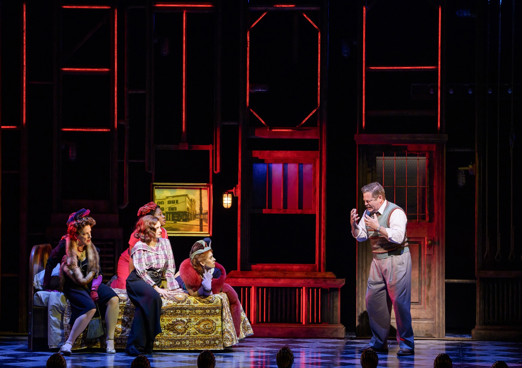 A gleefully absurd new musical with razor-sharp comedy and an irresistible sense of fun, Iceboy! embraces theatrical nonsense with complete confidence, delivering one laugh-out-loud moment after another. Linda Mugleston, Megan Mullally, Melanie Brezill, Andrea San Miguel and Nick Offerman in 'Iceboy!' at Goodman Theatre