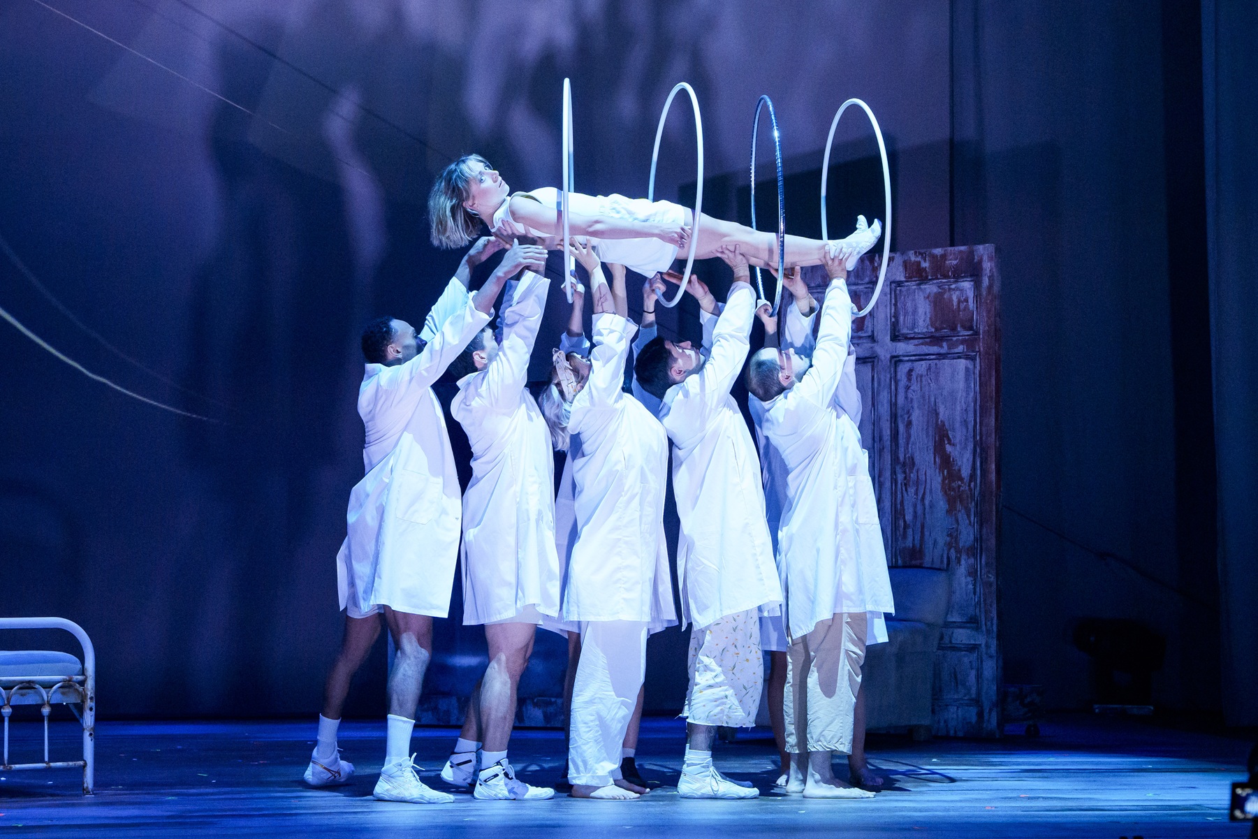 An extraordinary fusion of storytelling, dance, aerial artistry, music, and visual spectacle, The Attic: Things I've Seen While Lying On My Back turns one woman's life into a theatrical experience so full of movement and invention that you won't want to look away. Anna Kichtchenko, Melvin Diggs, Fran Alvarez, Lucy Tan, Santiago Rivera Laugerud and Eduardo De Azevedo Grillo in 'The Attic' at Goodman Theatre in Chicago - Photo Credit: Todd Rosenberg